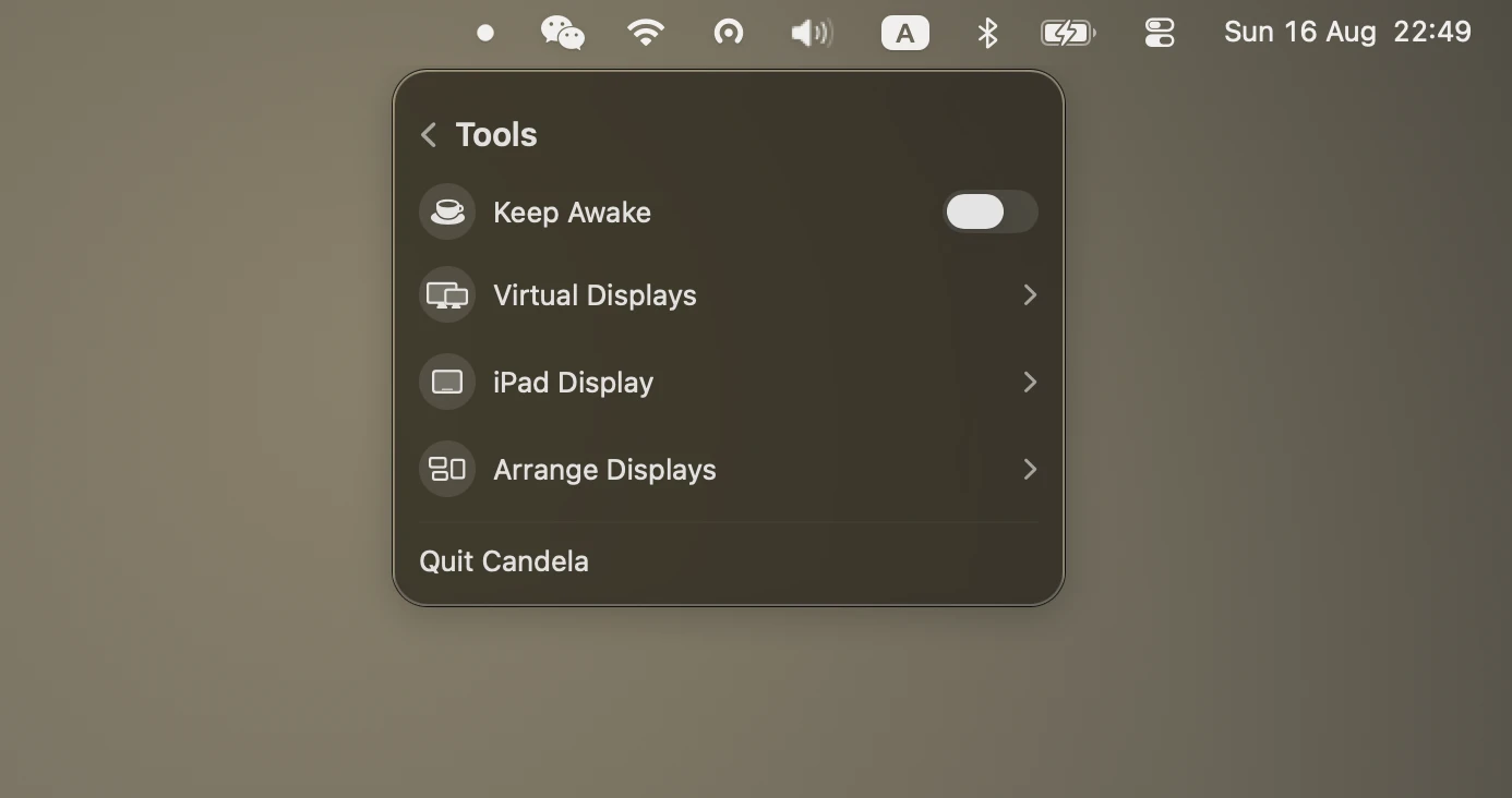 Candela's tools page: arrangement, virtual displays and Sidecar